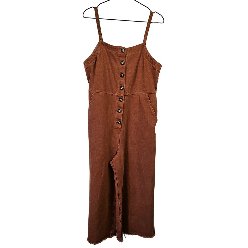 Wishlist‎ Denim Wide Leg Overalls Jumpsuit L Rust Brown Cropped Raw Hem